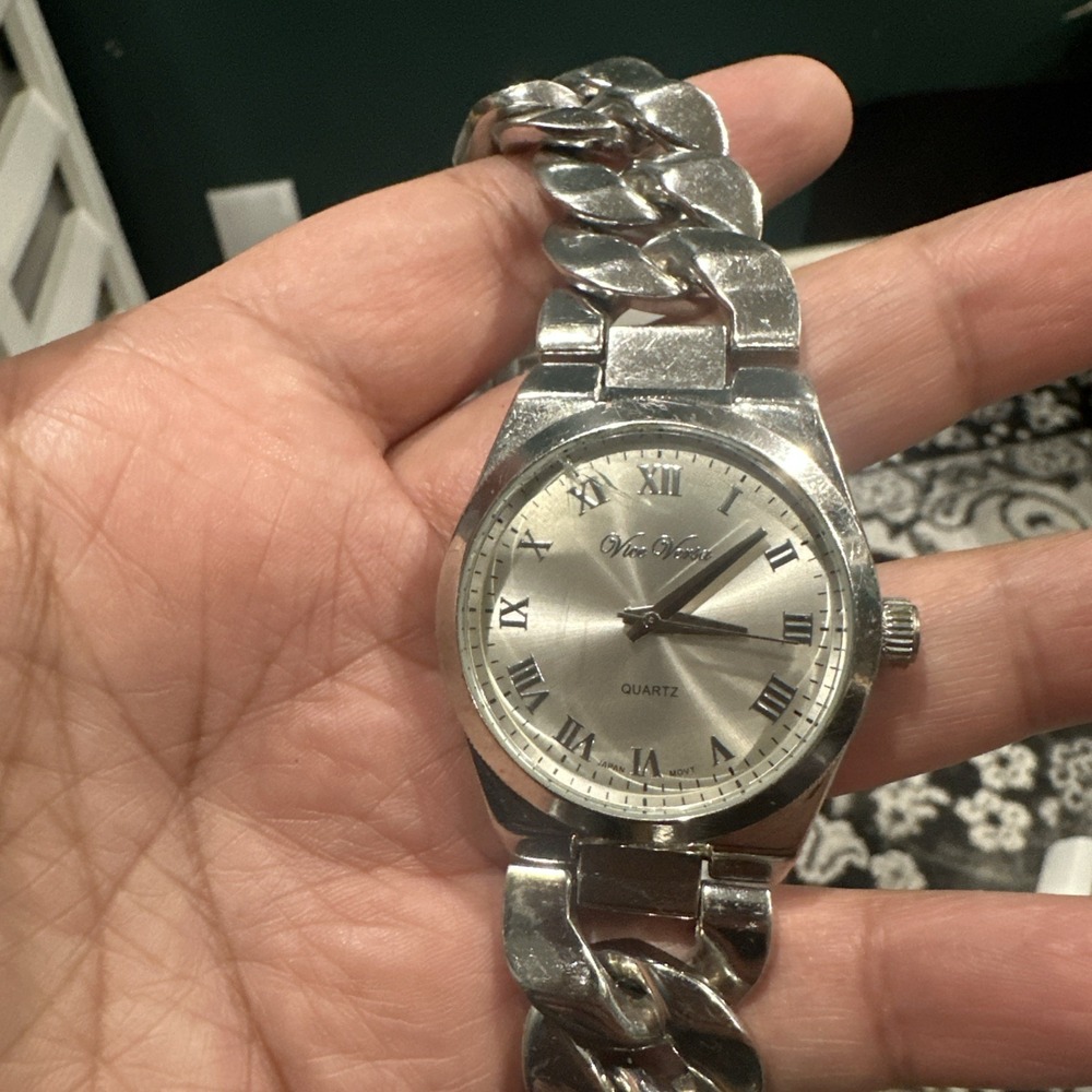 Working VTG Vice Versa Watch Silver Steel Heavy Ladies Watch 38mm New Battery 7"